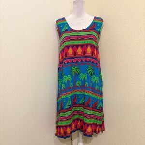 Vintage SPA Tropical Palm Tree Sailboat Beaded Rayon Shift Dress Blue Medium